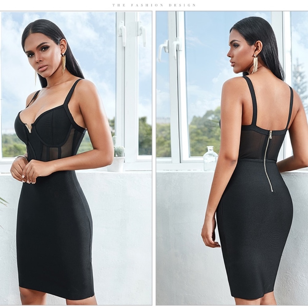 Rouge! Black Midi Bodycon Dress with Sheer Corset Panels - Picture 9 of 11